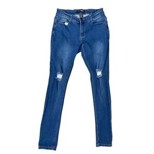 Fashion Nova Women's 7/8 Blue Distressed Ripped Skinny‎ Jeans Mid Rise Denim